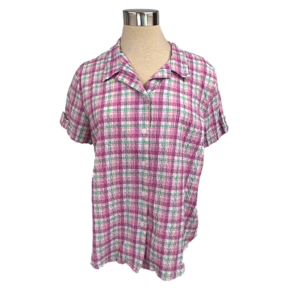 Bon Worth Pink Green Plaid Button Down Shirt Small Petite